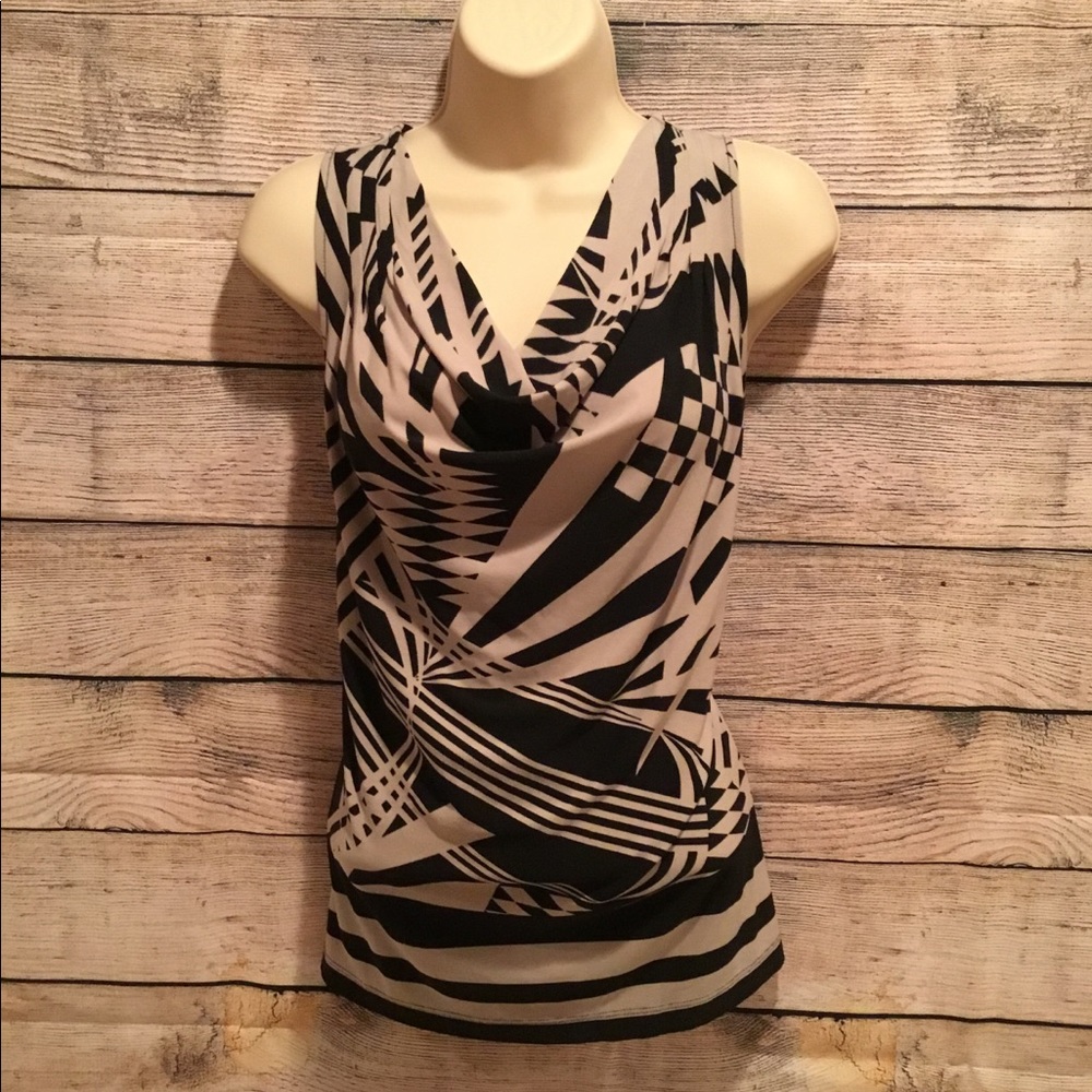 Calvin Klein Black and Cream Geometric Cowl Neck Tank Top